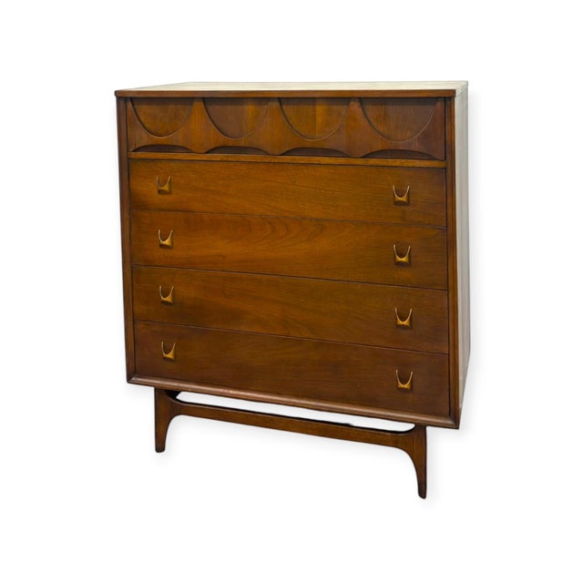 Vintage Mid Century Modern Broyhill Brasilia Walnut 5-Drawer Tallboy Dresser. For Sale - Image 9 of 13