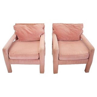 Baughman-Style Pink Velvet Parsons Chairs - A Pair For Sale