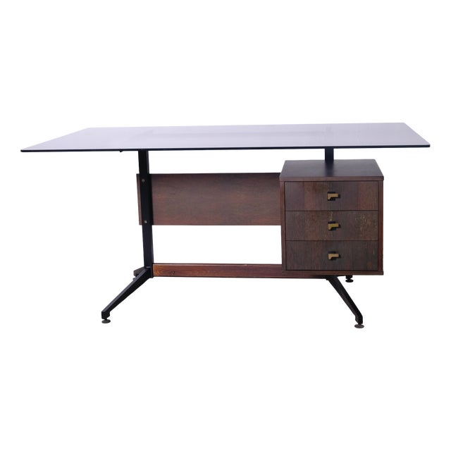 Rosewood Desk with Side Drawers, Italy, 1960s For Sale