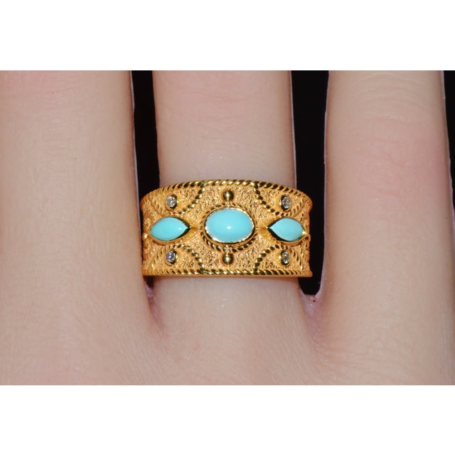 Natural Diamond Turquoise 18k Solid Gold Byzantine Beaded Greek Ring Stacking Band Ring, Size 6 For Sale - Image 10 of 14