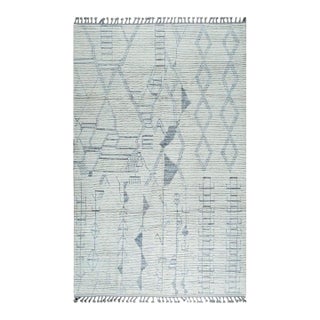 6x9 Ivory Hand-Knotted Wool Linear Tribal Motifs Modern Carpet Rug For Sale
