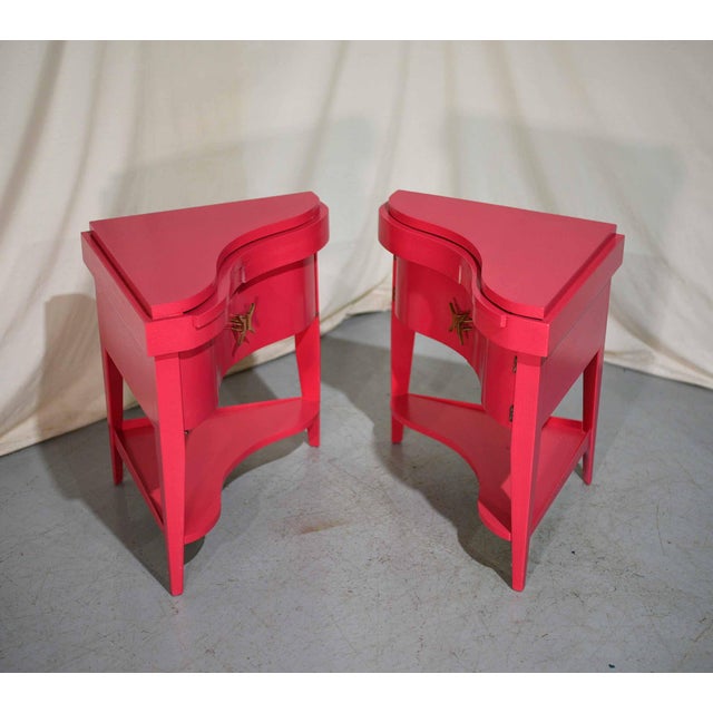 Mid 20th Century Vintage Triangular Concave Flip-Out Tables in Pink Newly Painted - A Pair For Sale - Image 5 of 12