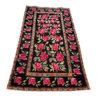 Vibrant 1940s Karabagh Rug, Bold Rose Motifs on Deep Black Field For Sale
