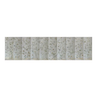Pale Blue Chinoiserie Mural | 10-Panel Hand-Painted Floral & Bird Wallpaper For Sale