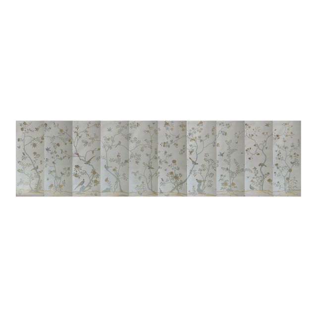 Pale Blue Chinoiserie Mural | 10-Panel Hand-Painted Floral & Bird Wallpaper For Sale