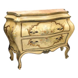 Mid-Century Italian Venetian Hand Painted Floral Commode / Chest Faux Marble Top For Sale