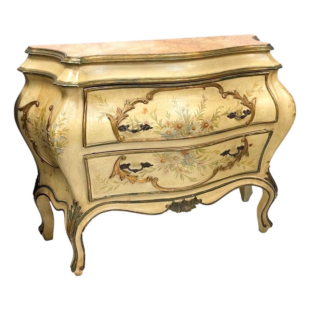 Mid-Century Italian Venetian Hand Painted Floral Commode / Chest Faux Marble Top For Sale