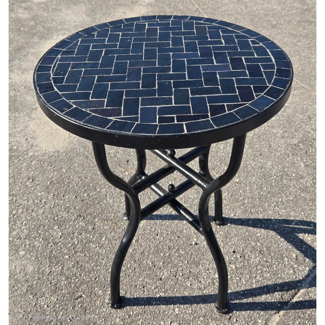 2020s 18" Mini Moroccan Mosaic Accent Table – Black Herringbone Tile Top For Sale - Image 5 of 6