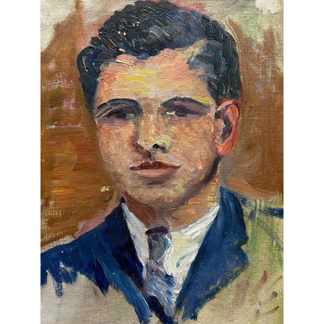 Impressionist Vintage Oil Painting Portrait of a Dark Haired Man in a Suit ~ Unframed For Sale - Image 3 of 5
