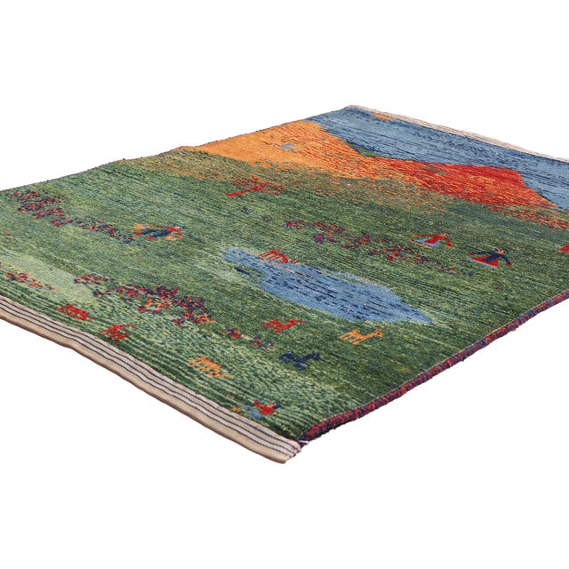 61512 Vintage Persian Gabbeh Rug, 03'04 x 04'10. The Verdant Odyssey: A Vintage Persian Gabbeh Masterpiece of Pastoral...