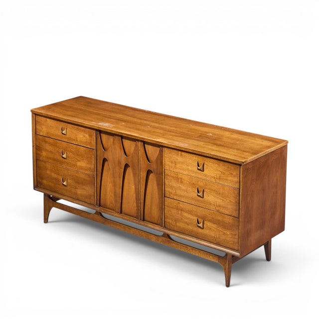 Broyhill Brasilia Mid Century Walnut and Brass 9-Drawer Lowboy Dresser For Sale - Image 9 of 9