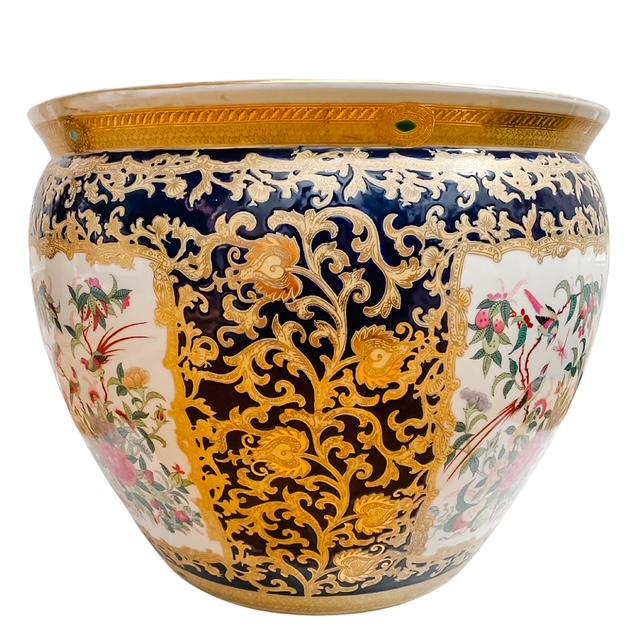 Vintage Chinese Export fish bowl planter hand-decorated with large gold floral scrolls and four scenic panels of birds,...