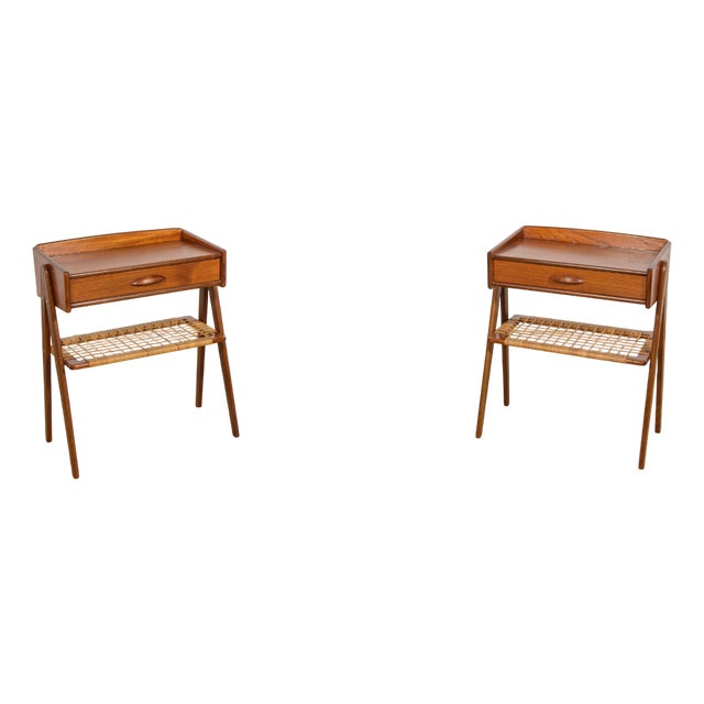 Mid-Century Modern Teak and Rattan Nightstands by Søren Rasmussen, 1960s, Set of 2 For Sale