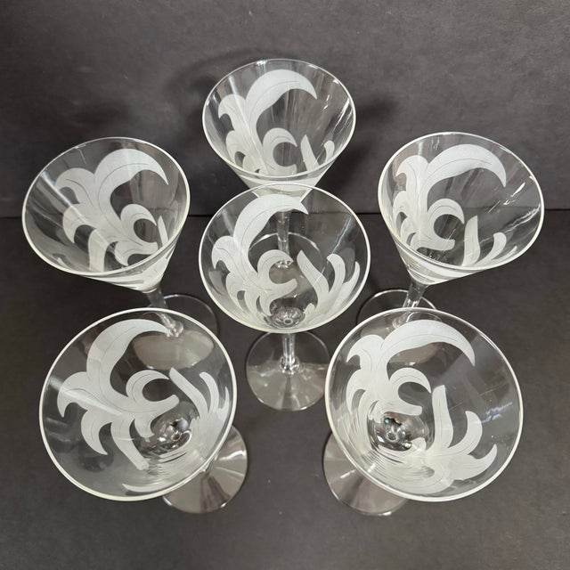 Transparent Vintage Art Deco Style Etched Swirl/Leaf Design Stemmed Water Goblets / Martini Glasses - Set of 6 For Sale - Image 8 of 8
