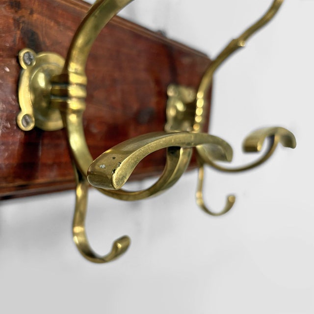 Italian Art Nouveau Wall Coat Rack in Wood and Brass, 1920s For Sale - Image 6 of 10