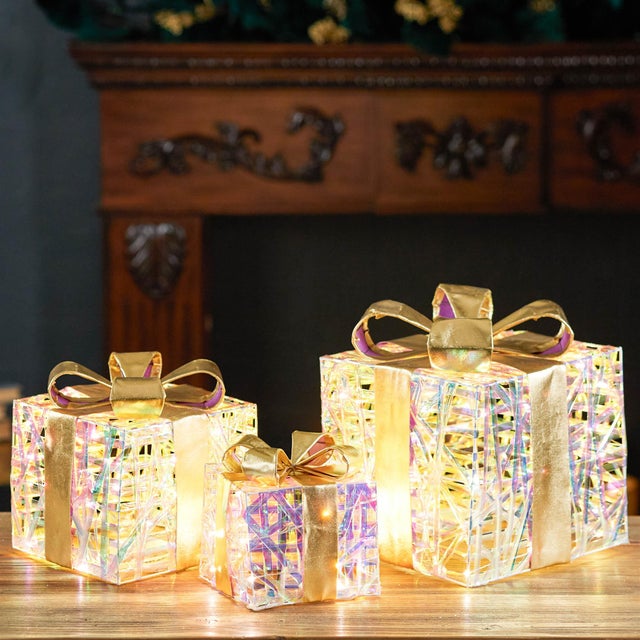 Gold LED Woven Packages with Bow (Set of 3) For Sale - Image 8 of 8