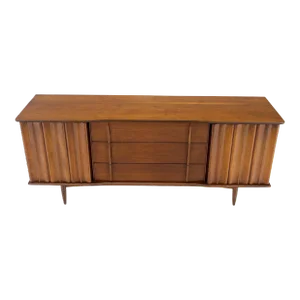 Mid-Century Modern Walnut 2 Door 3 Drawers Sculptural Dresser Credenza