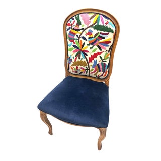 Louis XV French Beechwood Side Chair Upholstered With Otomi Hand Embroidery and Blue Velvet For Sale
