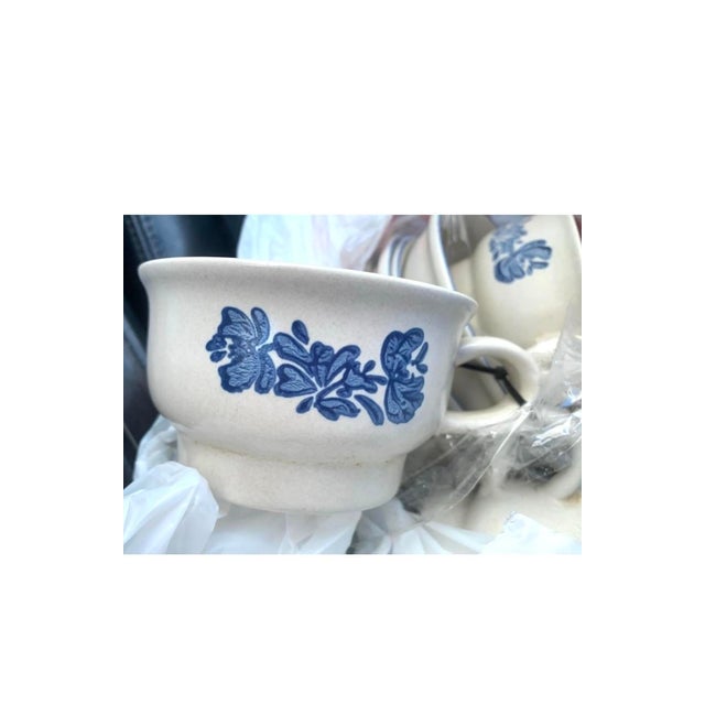 Adam Pfaltzgraff Vintage Pfaltzgraff Yorktowne Classic Blue Floral on Tan Stoneware Usa Made Saucer and Mug /Cup / Soup /Bowl Set- 10 Pieces For Sale - Image 4 of 12