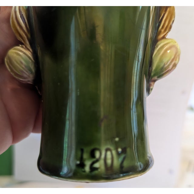 Antique French Majolica Iris Vase Twin Handle Green Pink Continental Mold 1207 For Sale - Image 9 of 9