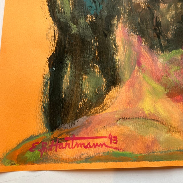 Original approx 12 x 18.5 painting on orange colored paper signed bottom left Unframed