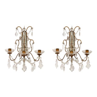 Pair of Brass Three Arm Candle Sconces With Crystals For Sale