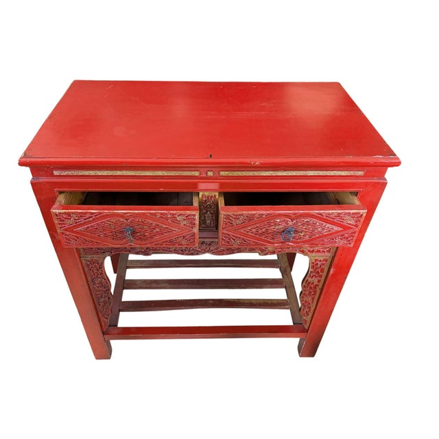 1940s Vintage Chinoiserie Red Lacquer Console Table 33.5" W For Sale - Image 5 of 12