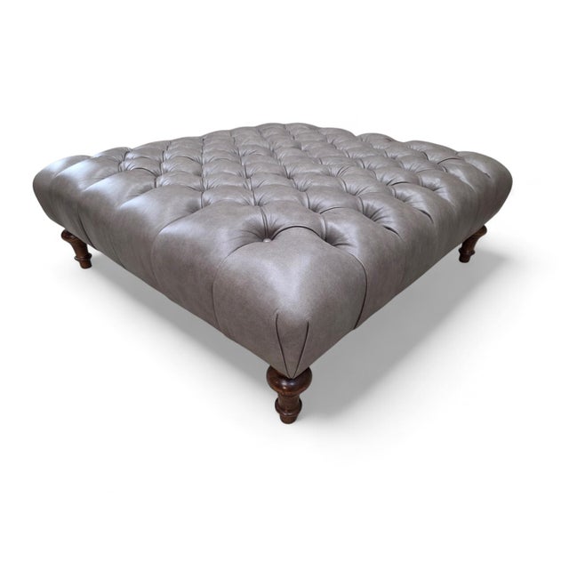 Wood Vintage Chesterfield Style Tufted Gray Leather Ottoman For Sale - Image 7 of 9
