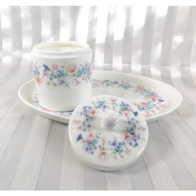 This is a white porcelain Vanity tray or serving tray and matching covered cup or dish by Wedgwood in the Angela pattern...
