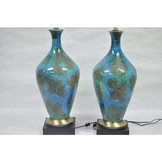 Mid-Century Modern Mid Century Italian Modern Blue Glazed Ceramic Pottery "Earth" Table Lamp - Pair For Sale - Image 3 of 10