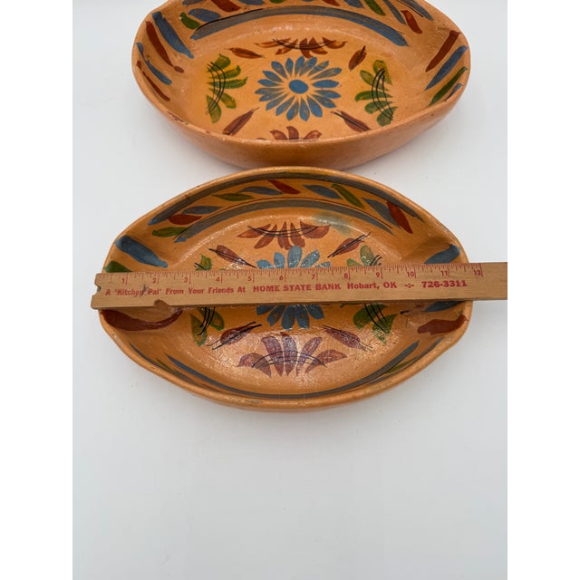 Vintage Tlaquepaque pottery Mexican redware 2 pc serving set with earthy and muted painted details in light blue, green,...