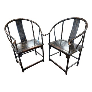 Pair of Antique Chinese Ming Style Horseshoe Chinoiserie Arm Chairs For Sale
