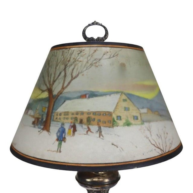 American Antique Pairpoint Reverse Painted Table Lamp With Metal Chipped Ice Base C1920 For Sale - Image 3 of 18