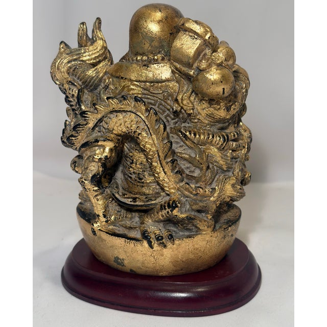 Late 20th Century Chinoiserie Gilded "Faux Bronze" Laughing Buddha Statue on Wooden Base For Sale - Image 9 of 11