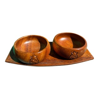 1970s Pair of Hand Carved Bowls and Tray With Pineapple Accents- Set of 3 For Sale