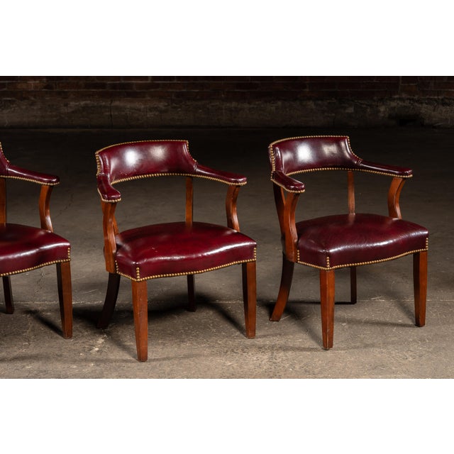 Wood Vintage Set of Four Nailhead Trim Barrel-Back Leather Armchairs in Oxblood For Sale - Image 7 of 12
