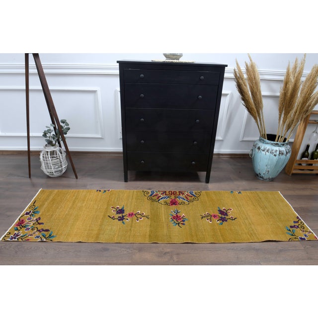 Yellow 1970s Vintage Turkish Handmade Wool Cotton Yellow Runner Rug For Sale - Image 8 of 11
