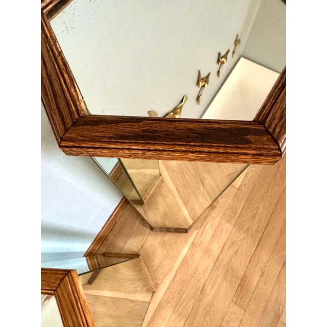 1970's Pair of Tall Hexagonal Mirrored Pedestals With Oak Wood Tops For Sale - Image 4 of 8