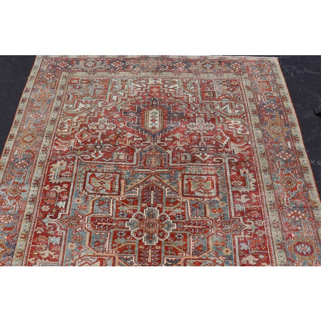 Early 20th Century Antique Persian Heriz Rug With Striking Geometric Medallion and Intricate Detailing 7'11"x10'3" For Sale - Image 5 of 12