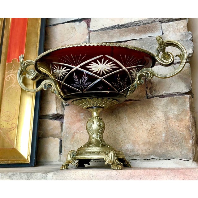 Cut to Clear Ruby Red Compote Bowl With Brass Handles and Stand Vintage