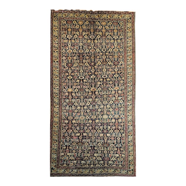 Antique Karabagh Gallery Rug, Hand-Knotted Wool, Allover Geometric Pattern, Navy & Tan, 7' X 14' For Sale