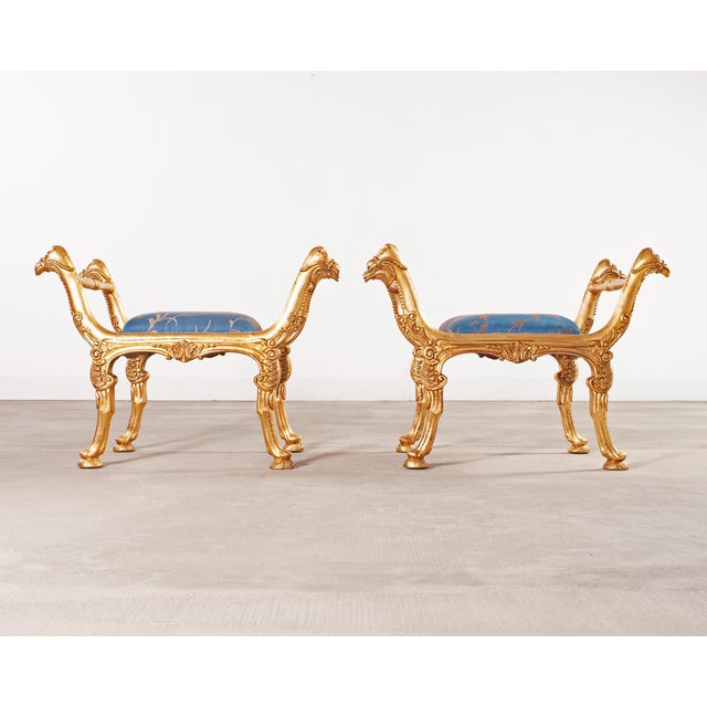 Neoclassical Pair of Italian Neoclassical Giltwood Camel Stool Benches For Sale - Image 3 of 18