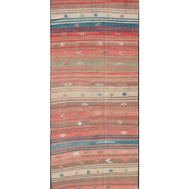 Multicolor Striped Vintage Turkish Kilim Runner With Coral Blue Tones For Sale - Image 9 of 11