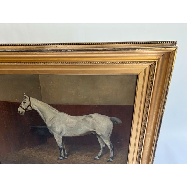Late 19th Century 1891 “Grey Hunter in a Loose Box Stall” Antique Equestrian Horse Painting Oil on Canvas by Alfred Grenfell Haigh For Sale - Image 5 of 10