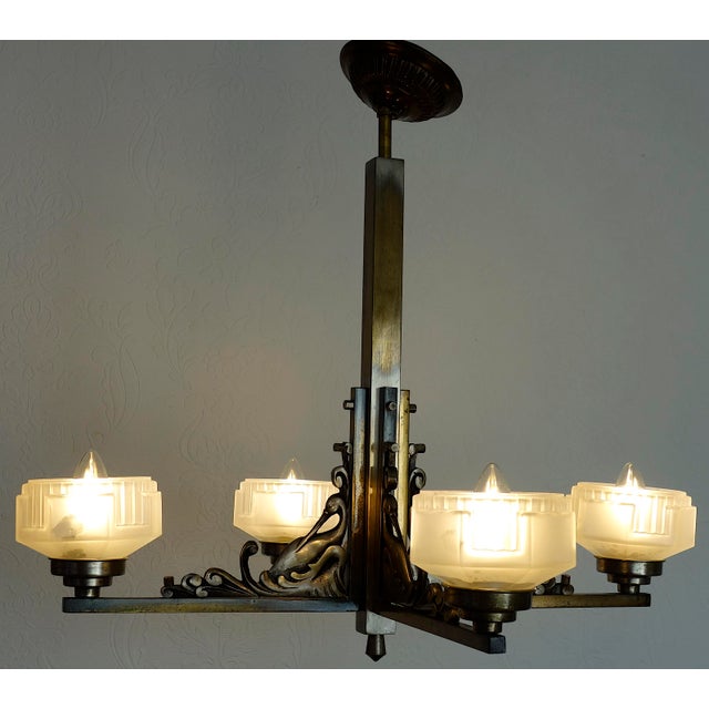 French Art Deco Brass and Satin Glass 4-Light Chandelier, 1920s For Sale - Image 10 of 15