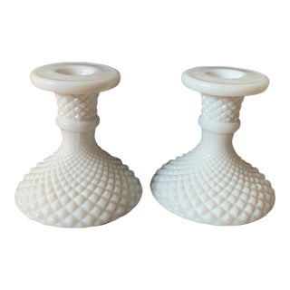 Mid Century Vintage White Milkglass Candlestick Holders - Pair For Sale
