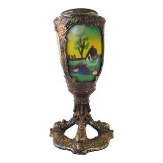 Antique Cast Iron Floral Reverse Painted on Glass Farmhouse Lantern Table Lamp For Sale