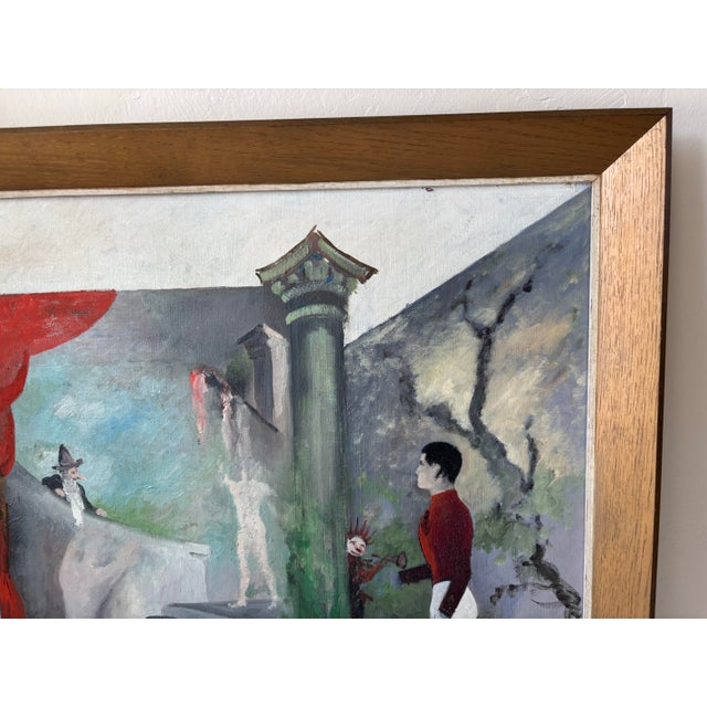 This striking vintage surrealist painting presents a dreamlike theatrical interior filled with symbolism and dramatic...