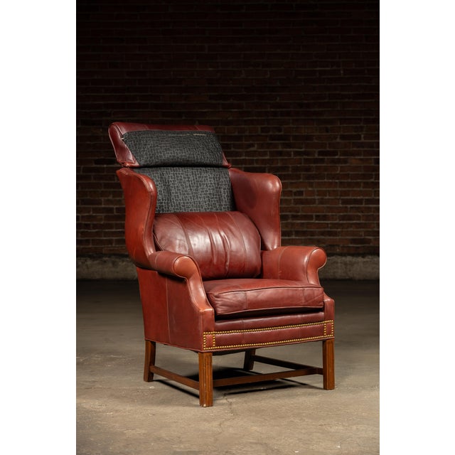 Brick Red Vintage Leather Wingback Armchair With Ottoman in Red by Whittemore-Sherrill For Sale - Image 8 of 10