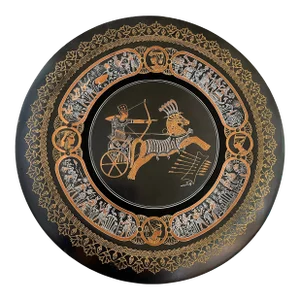 Vintage Egyptian Decorative Wall Plate, Engraved Copper Coated With Enamel-Like Paint. King Ramses II in the Battle of Kadesh, El Shami Label